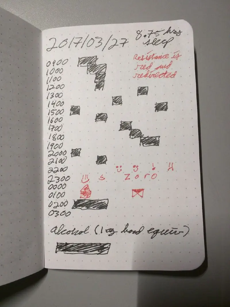The anti-bad habit notebook with an example day filled out