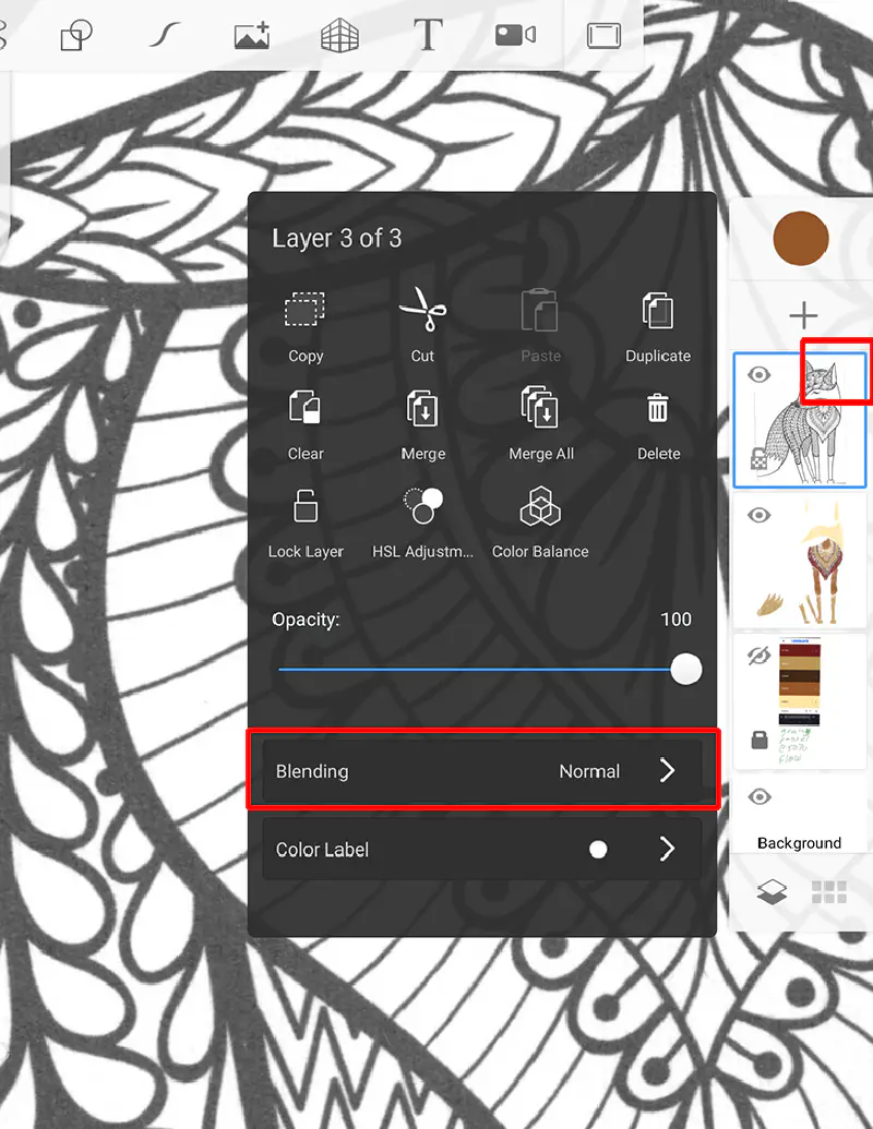 The coloring page layer settings open showing 'Blending' set to 'Normal' and a box around the layer indicator that this has been set and active.