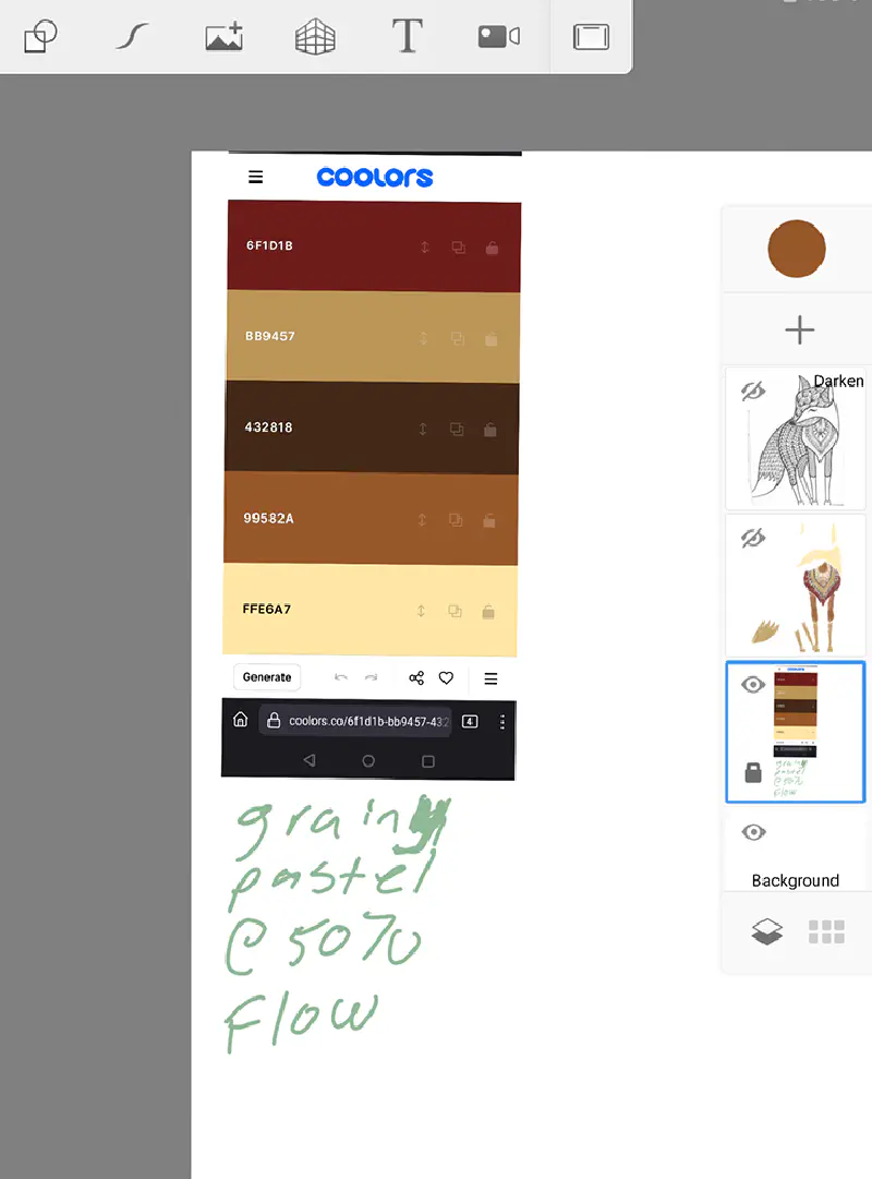 A screen shot of the coolors palette and which brush+settings I'm using for this coloring page. The image shows this as a dedicated layer that's locked.